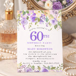 LITEN 60-årsfirande Lila Ros Blommig Inbjudningar<br><div class="desc">Hedra en speciell kvinna med denna eleganta och feminina lilla inbjudan till 60-årsfirande. 60:e skrivs i stor lila text. Födelsedagsfirande följer. Den hedrade gästens namn är också i blå versaler. Resten av texten är mjuk, dovgrå. Detaljerna om födelsedagsfirandet är omgivna av lila blomgränser upptill och nedtill. De blommande elementen är...</div>