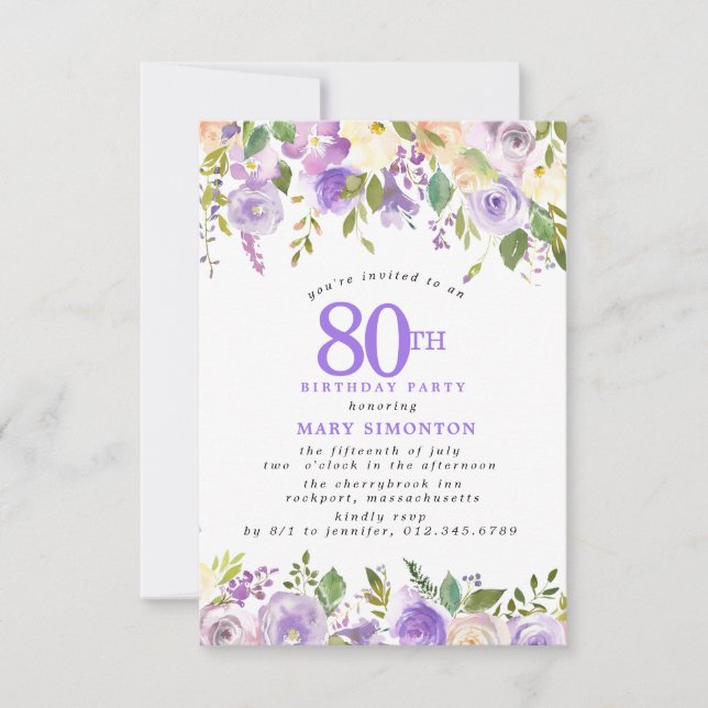 Liten 80-årsfirande Lila Ros Blommig Inbjudningar (Framsida)