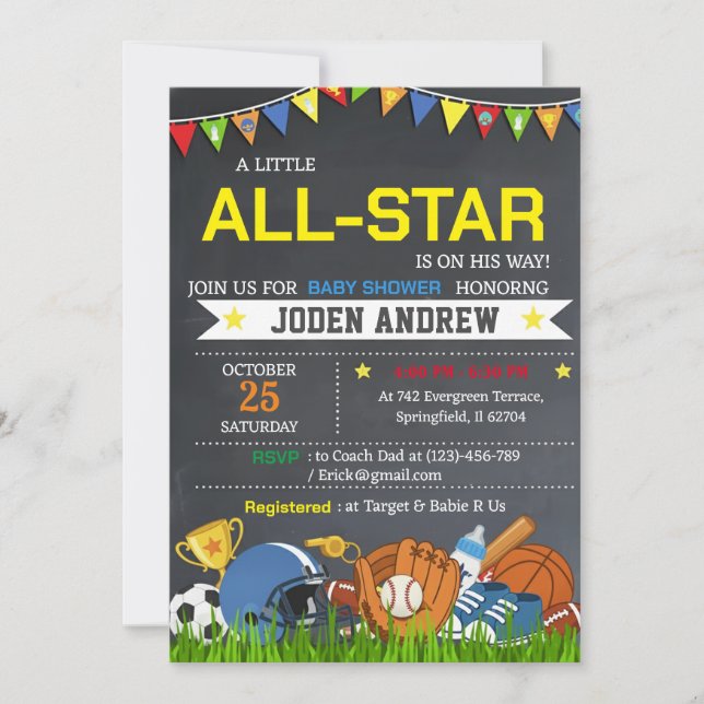Liten All Star Idrott Baby Shower Inbjudan (Framsida)