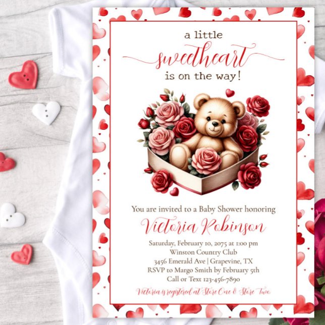 Liten älskling Björn Baby Shower Inbjudningar (Sweetheart valentine baby shower invitation with cute baby bear in a heart shaped box.)