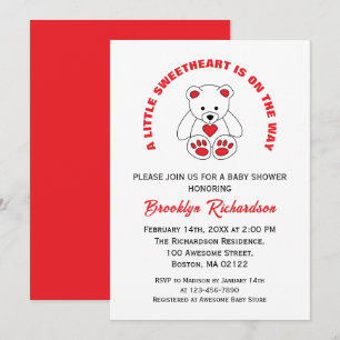 Liten älskling röd vit teddybjörn baby shower inbjudningar