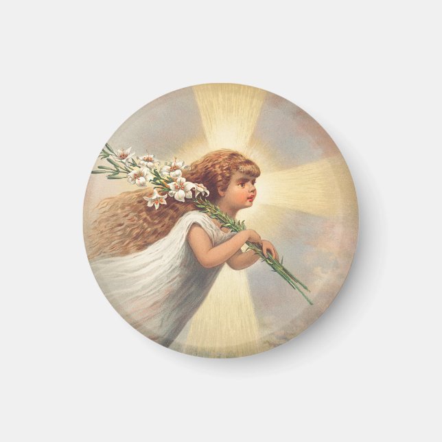 Liten ängel bebis som håller liljor magnet (Framsidan)