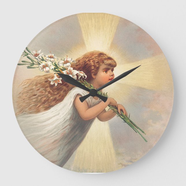 Liten ängel bebis som håller liljor stor klocka (Framsida)