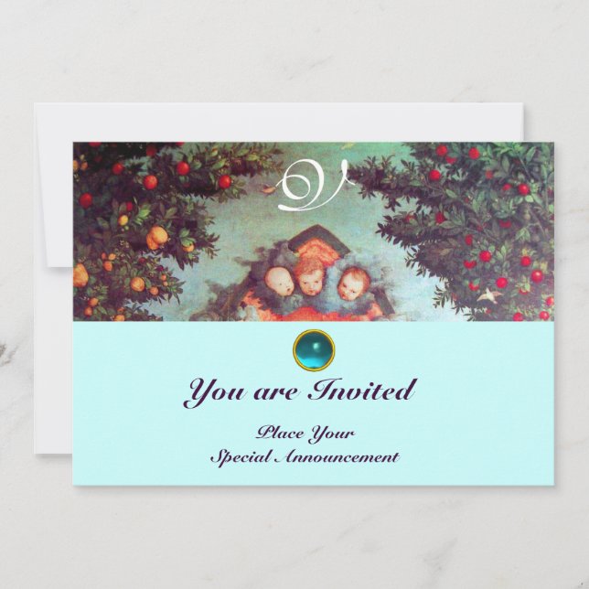 LITEN ÄNGEL MONOGRAM ljust antikt blått rött Inbjudningar (Framsida)