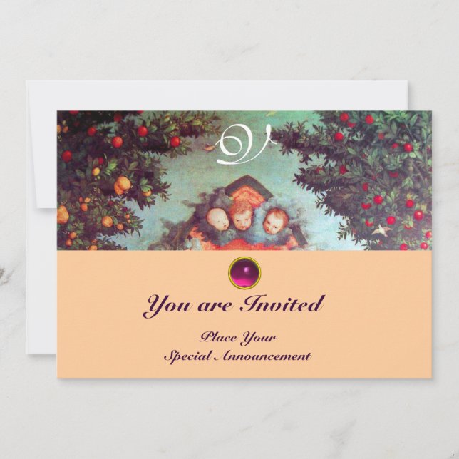 LITEN ÄNGLAR MONOGRAM ljust antikt blått rosa Inbjudningar (Framsida)