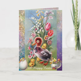 LITEN ANKA,KYCKLINGAR,PÅSKÄGG MED BLOMMOR HELGKORT