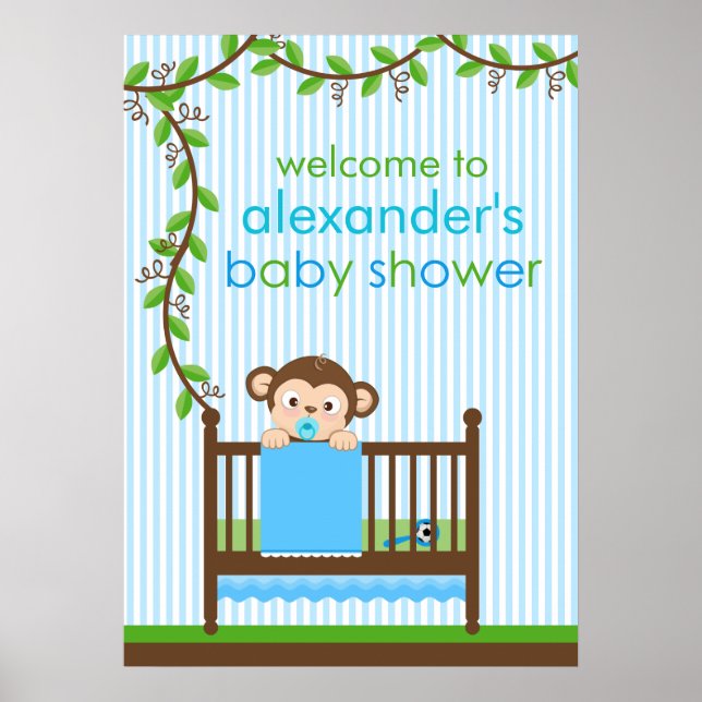 Liten apa i en Crib Boy Shower Poster (Framsidan)