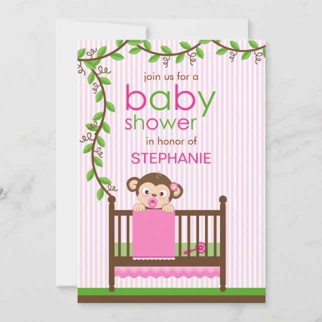 Liten apa i en Crib Girl Baby Shower Inbjudningar (Framsida)