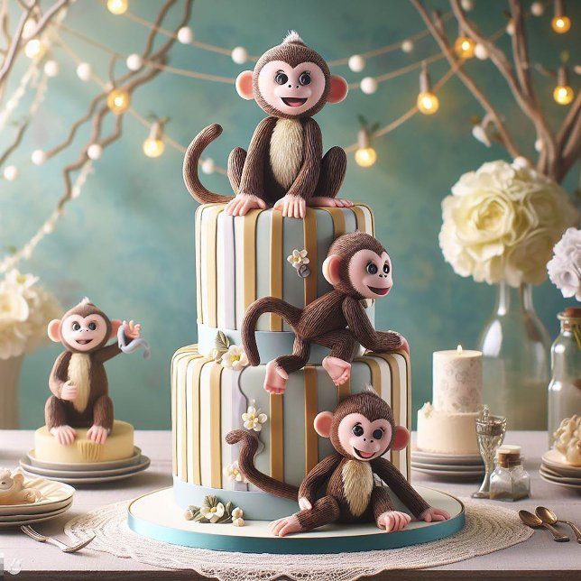 LITEN APA PÅ EN FÖDELSEDAGSTÅRTA INBJUDNINGAR (Kids Monkeys Everywhere Kids Party Invitation)