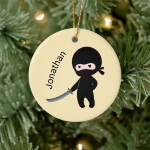Liten Arg Ninja, anpassat namn på Gult Julgransprydnad Keramik