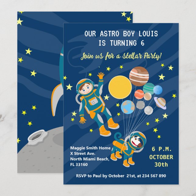 Liten astronautpojke drömmer Födelsedagsfest Inbjudningar (Fram/baksida)