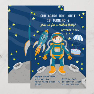 Liten astronautpojke drömmer födelsedagsfest inbjudningar