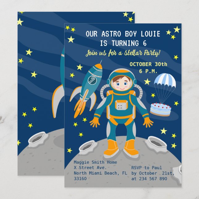 Liten astronautpojke drömmer födelsedagsfest inbjudningar (Fram/baksida)