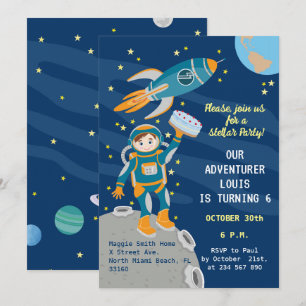 Liten astronautpojke drömmer födelsedagsfest inbjudningar