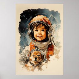 Liten astronautpojke och hund poster