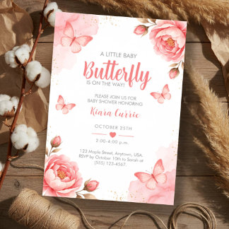 Liten Baby Fjäril Röd Rosa Blommig Baby Shower Inbjudningar