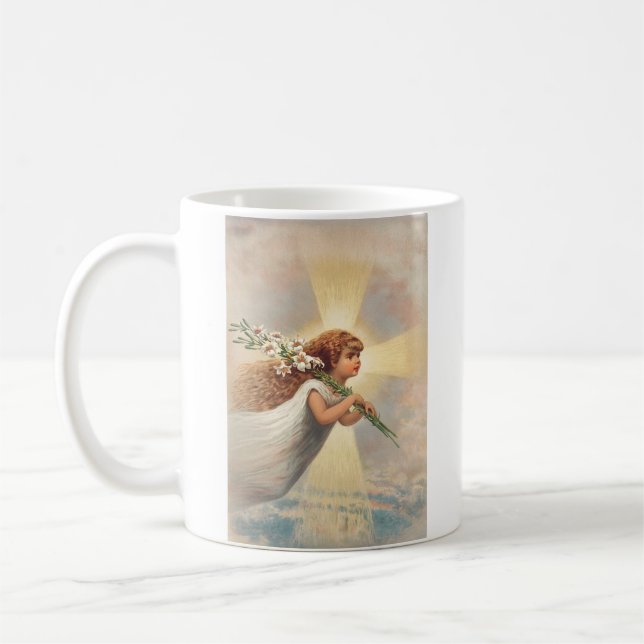 Liten bebengel hållande liljor kaffemugg (Vänster)