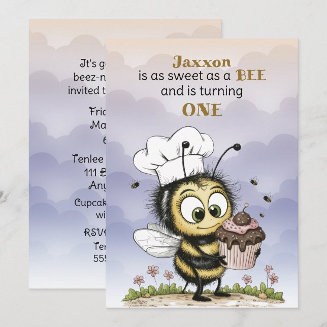 Liten Bee Baby Pojke Första Födelsedag Inbjudningar (Fram/baksida)