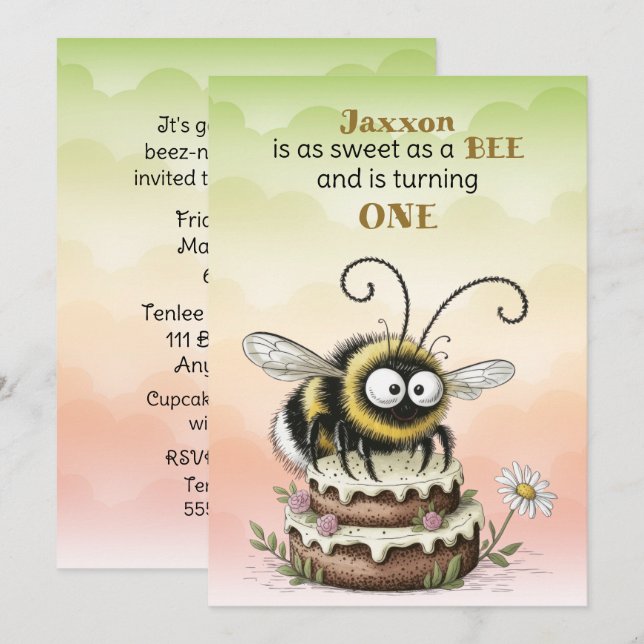 Liten Bee Baby Pojke Första Födelsedag Inbjudningar (Fram/baksida)