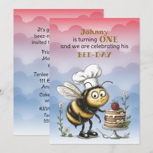 Liten Bee Baby Pojke Första Födelsedag Inbjudningar (Fram/baksida)