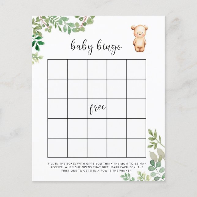 Liten björn Baby shower bingo spel (Framsida)
