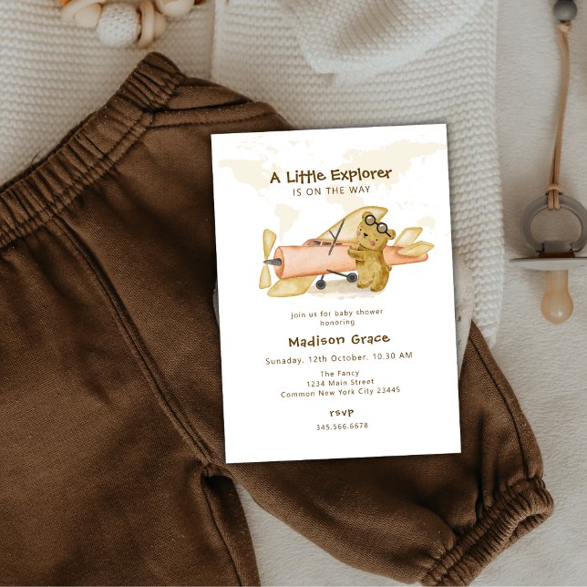 Liten Björn Kart Flygplan Baby Shower Inbjudningar (Little Explorer Bear Map Airplane Baby Shower Invitation)