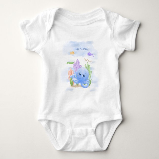 Liten blå bläckfisk baby bodysuit t shirt (Framsida)