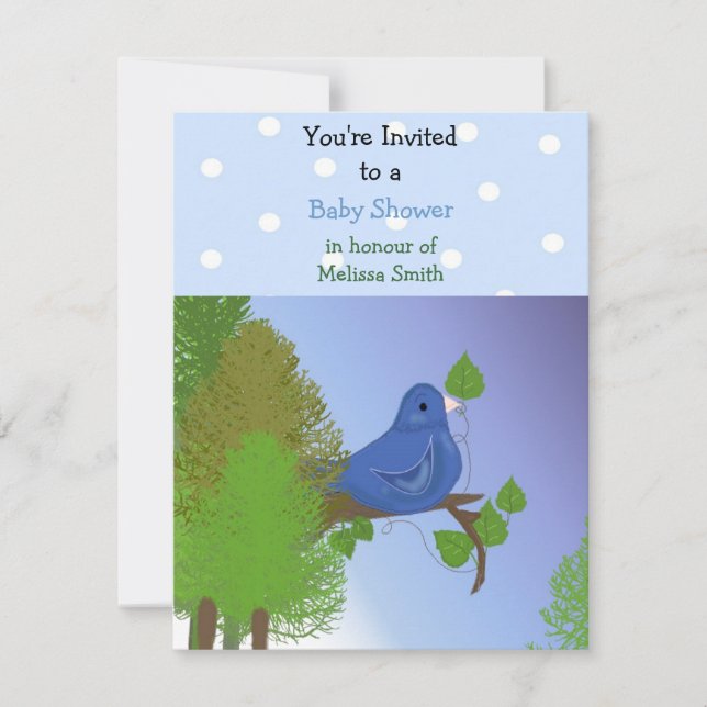 Liten blå fågel baby shower inbjudan (Framsida)