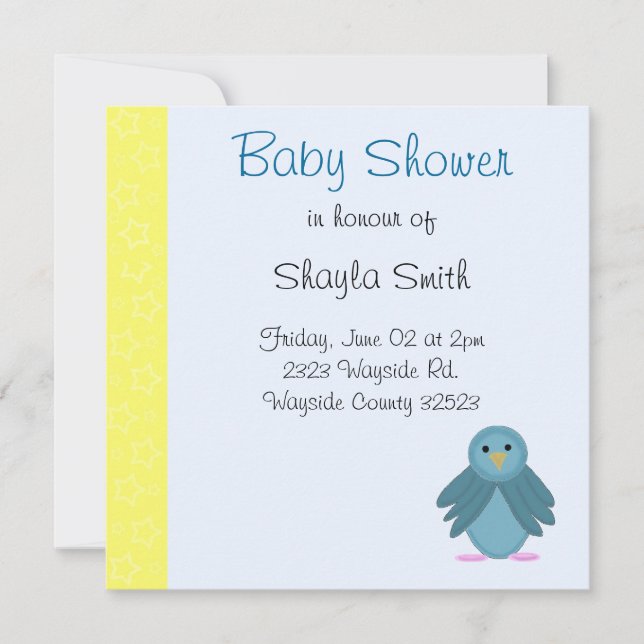 Liten blå fågel baby shower inbjudningar (Framsida)