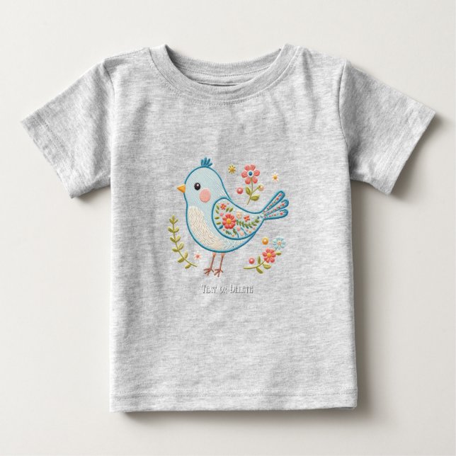 Liten blå fågel Blommig baby-t-shirt T Shirt (Framsida)