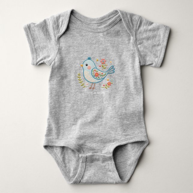 Liten blå fågel Blommig babybodys T Shirt (Framsida)