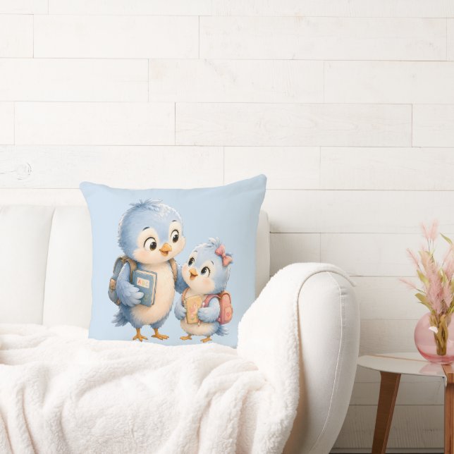 Liten blå fågelfamilj kastkudde kudde (Soffa)