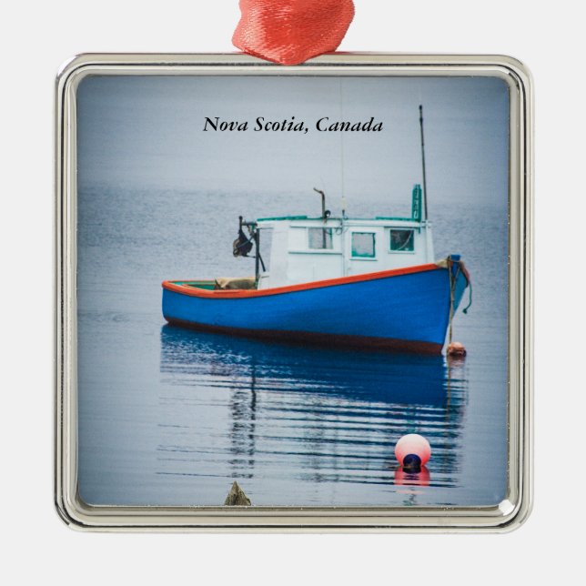 Liten blå fiskebåt julgransprydnad metall (Framsidan)