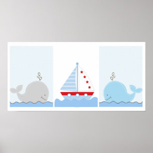 Liten blå val och segelbåt konsttryck poster