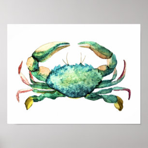 Liten blå vattenfärgsutskrift för Crab Poster