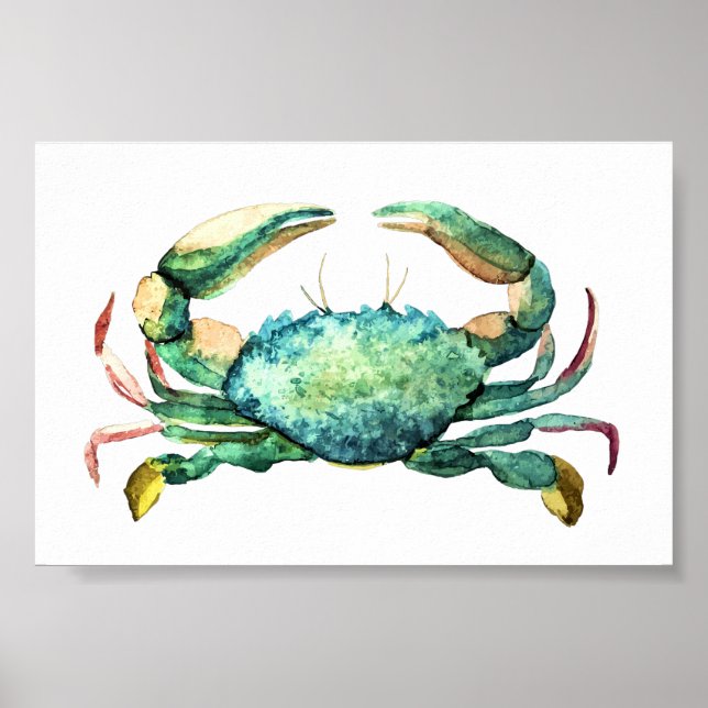 Liten blå vattenfärgsutskrift för Crab Poster (Framsidan)