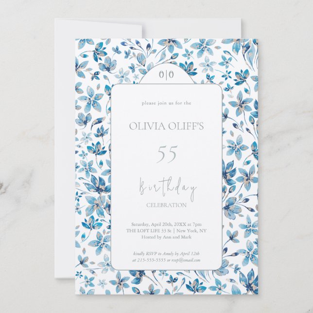 Liten Blåa blommor-födelsedag oavsett ålder Inbjudningar (Framsida)