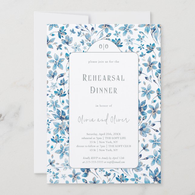 Liten Blåa blommor Rehearsal Middag Inbjudningar (Framsida)