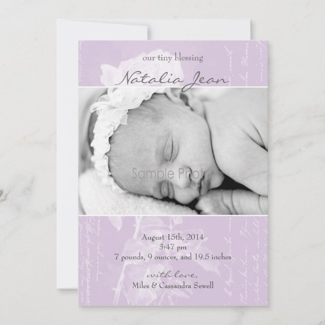 Liten Blating Birth Announcement//Lilac Meddelande (Framsida)