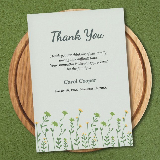 Liten blomma - Grönt Funeral Tack You Card Kort (Small Flowers - Green Funeral Thank You Card)