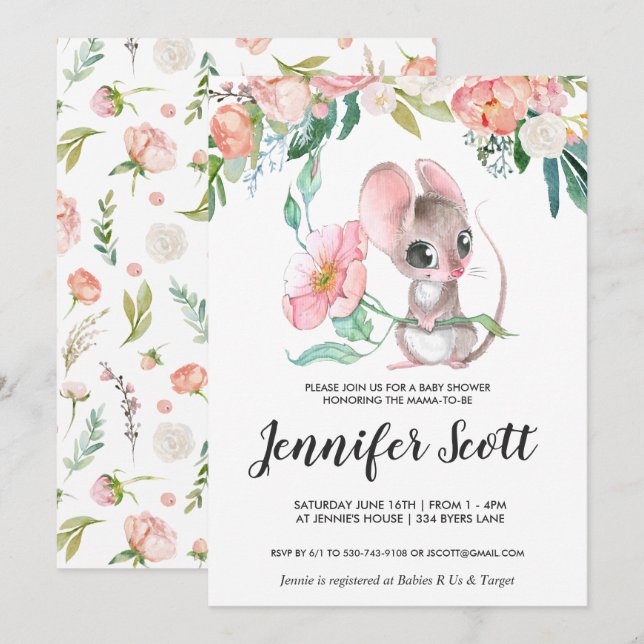 Liten Blommig Mus Bebis Shower Inbjudan (Fram/baksida)