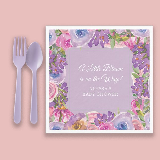Liten Blomning Lila Rosa Blommig Bebis Flicka Bebi Pappersservett (Pink and purple watercolor floral "A little bloom" baby girl shower paper napkins)