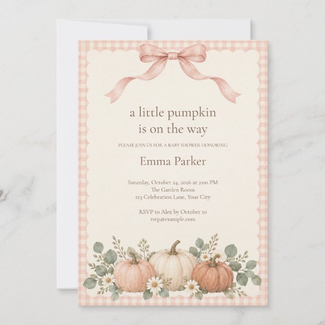 Liten Blush-rutig Pumpa Bebis Shower Inbjudningar (Framsida)