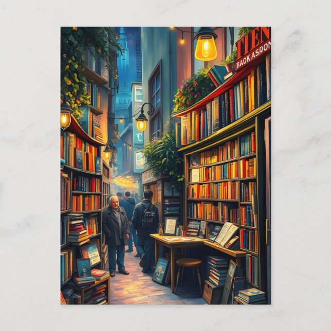 Liten bokhandel i ett Mysigt hörn av en stad Vykort (Framsida)