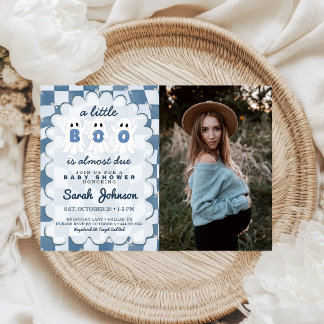 Liten Boo Förfaller Blå Rutig Baby Shower Foto Inbjudningar
