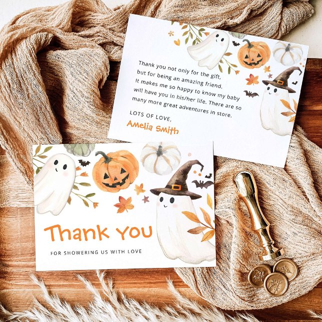 Liten Boo Halloween Baby Shower Tacksamhetskort Tack Kort (Little Boo Halloween Baby Shower Thank You Card, pumpkin fall watercolor thank you note stationery)
