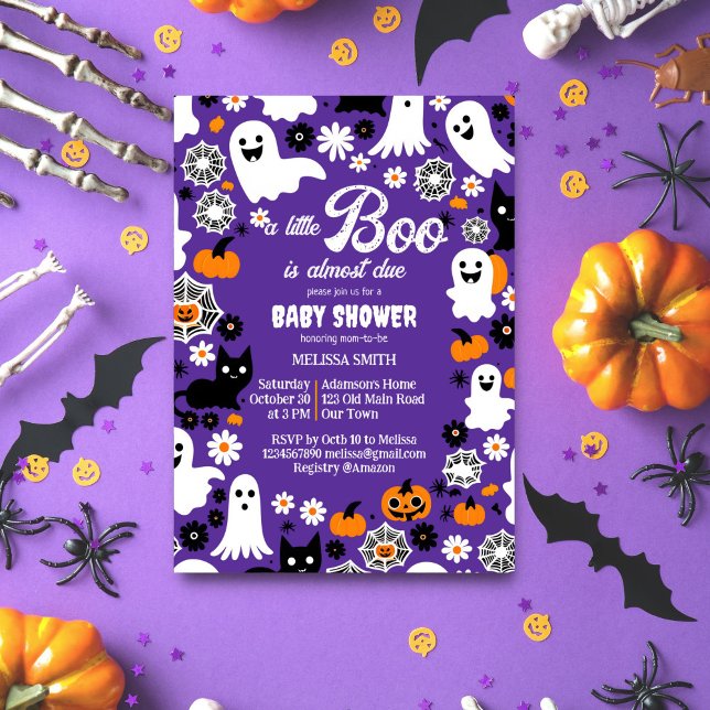 Liten boo Halloween-babydusravund Inbjudningar (Little boo Halloween baby shower template invitation digital download groovy retro cute ghosts daisy)