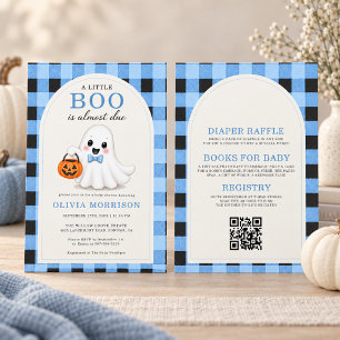Liten Boo Pojke Spöke Blå Slinga QR-kod Baby Showe Inbjudningar