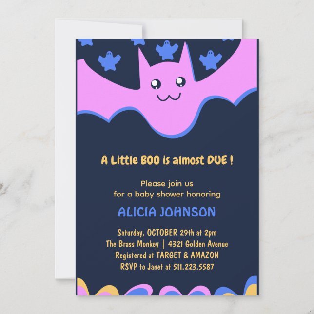 Liten boo Söt fladdermus Rosa Halloween baby showe Inbjudningar (Framsida)