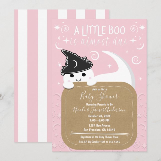 Liten Boo Spökhäxa Rosa Halloween Bebis-babyshower Inbjudningar (Fram/baksida)